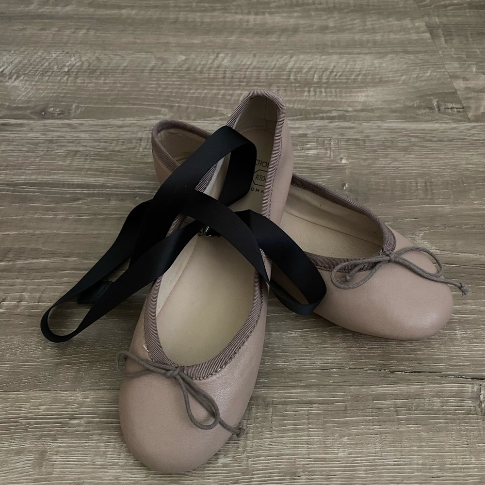 ZARA Leather Lace Up Ballet Flats, Nude/Beige, 36